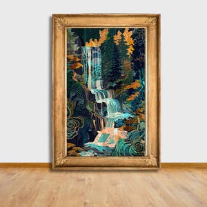 Japanese Waterfall Art Print Hokusai Ukiyo-e Poster Blue Green Home Decor Japanese Wall Art