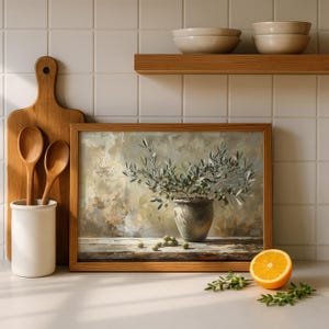 Mediterranean Olive Branch Wall Art | Neutral Still Life Painting | Rustic Tuscan Kitchen Decor | Olive Tree Botanical Canvas or Fine Art