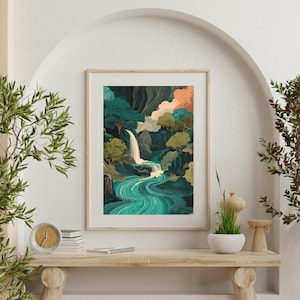 Japanese Waterfall Art Print Hokusai Ukiyo-e Poster Blue Green Home Decor Japanese Wall Art