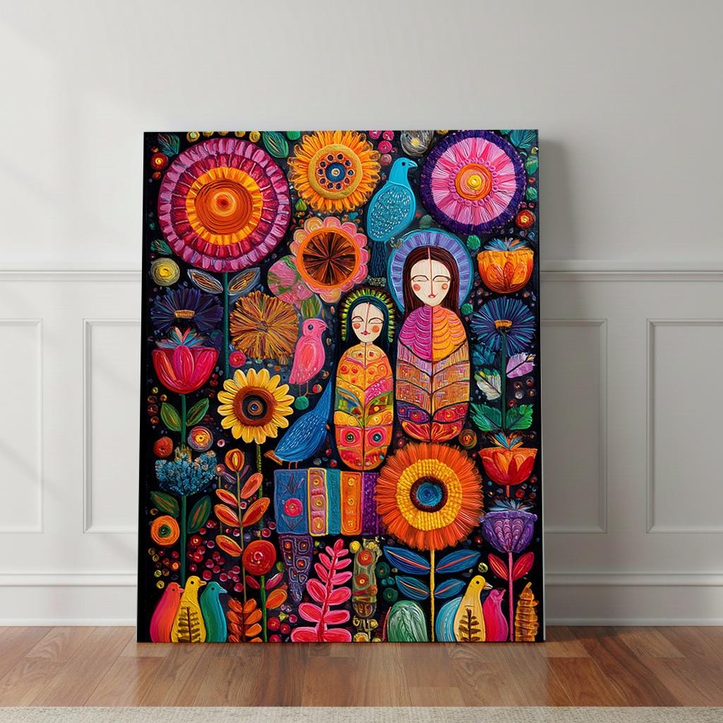 Colorful Folk Art Tree Wall Art Print | Whimsical Floral Animal ...