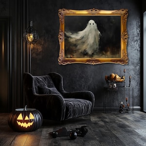 Moody Ghost Painting Autumn Landscape Vintage Style Wall Art Halloween Decor | Spooky Cottage Fall Art