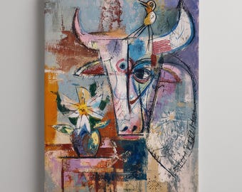 Kubistische Stier- und Vogel-Leinwand, Mid-Century Modern Strukturgemälde