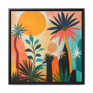 Decoración de pared bohemia de mediados de siglo con estampado de paisaje desértico abstracto tropical, palmeras y sol retro, colores cálidos vibrantes