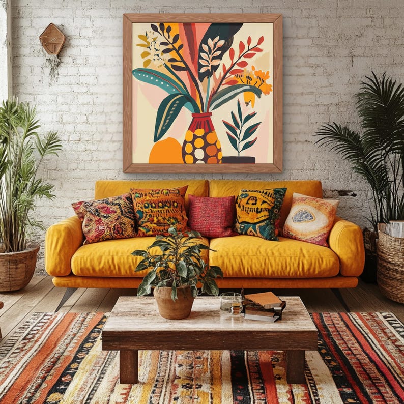 May include: A living room scene featuring a mustard yellow sofa adorned with patterned throw pillows. A large framed artwork of a floral arrangement hangs above the sofa. A wooden coffee table and a patterned rug complete the bohemian-style decor.
