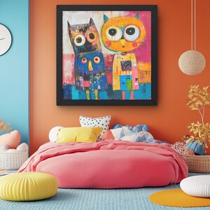 Eulenbild, buntes Bild, Abstrakter Eulendruck - Kinderzimmerdeko, Eulenmalerei, Wanddeko zur Geburt, Eulenmalerei, Tierkunst,