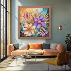 Estampado floral abstracto texturizado, arte mural floral en empasto, decoración botánica en tonos joya, arte artístico para sala de estar, regalo único