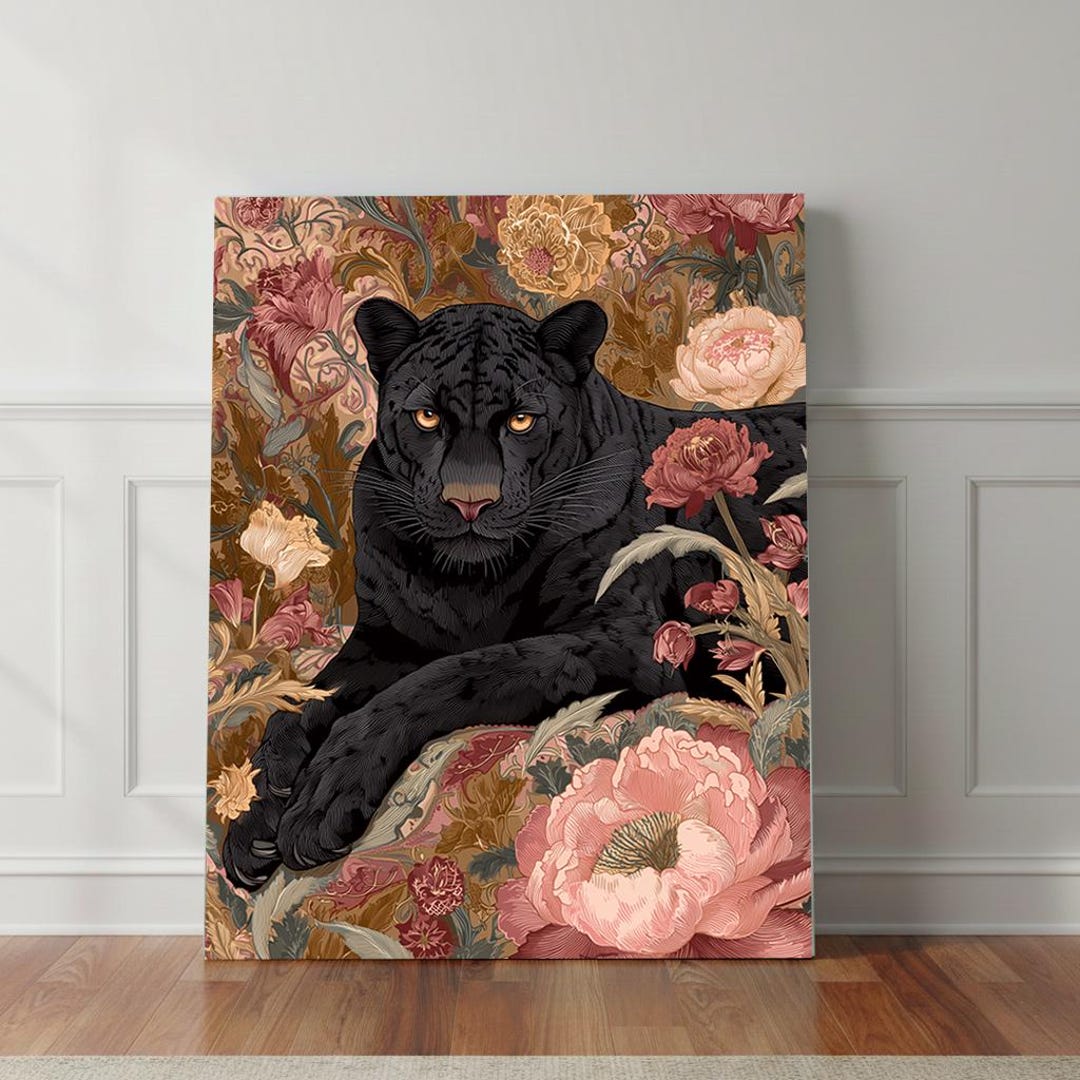 Black Panther Wall Art Print, Moody Floral Animal Painting, Elegant ...