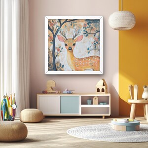Whimsical Nursery Print,   Wall Art, , Boho Nursery Decor, Floral Deer Painting, Multi-color Safari Art, Kid Room Decor