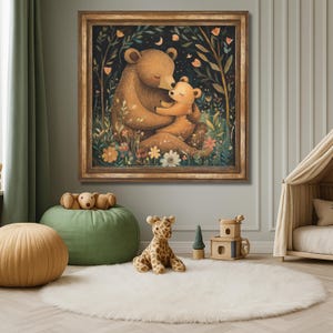 Mama Bear and Baby Bear Wall Art Print – Whimsical Woodland Nursery Decor, Boho Animal Illustration, Mother and Child Artwork