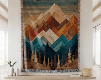 Mountain Tapestry Wall Hanging, Rustic Wood Mountain Landscape Art, Modern Cabin Decor, Southwest Nature Textile Wall Art
