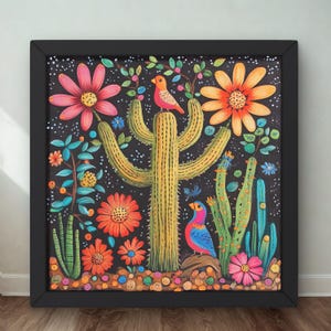 Canvas Wall Art, Mexican Folk Art, Birds and Botanical Image, Vibrant Colors, Unique Home Decor, Framed Art Print, Nature Lover Gift, Boho