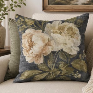 Fodera per cuscino decorativo Moody Vintage Peony, cuscino decorativo floreale scuro, cuscino decorativo botanico in stile cottage