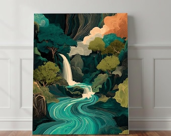 Japanese Waterfall Print – Hokusai Ukiyo-e Style, Teal Nature Wall Art (Museum-Quality Print)