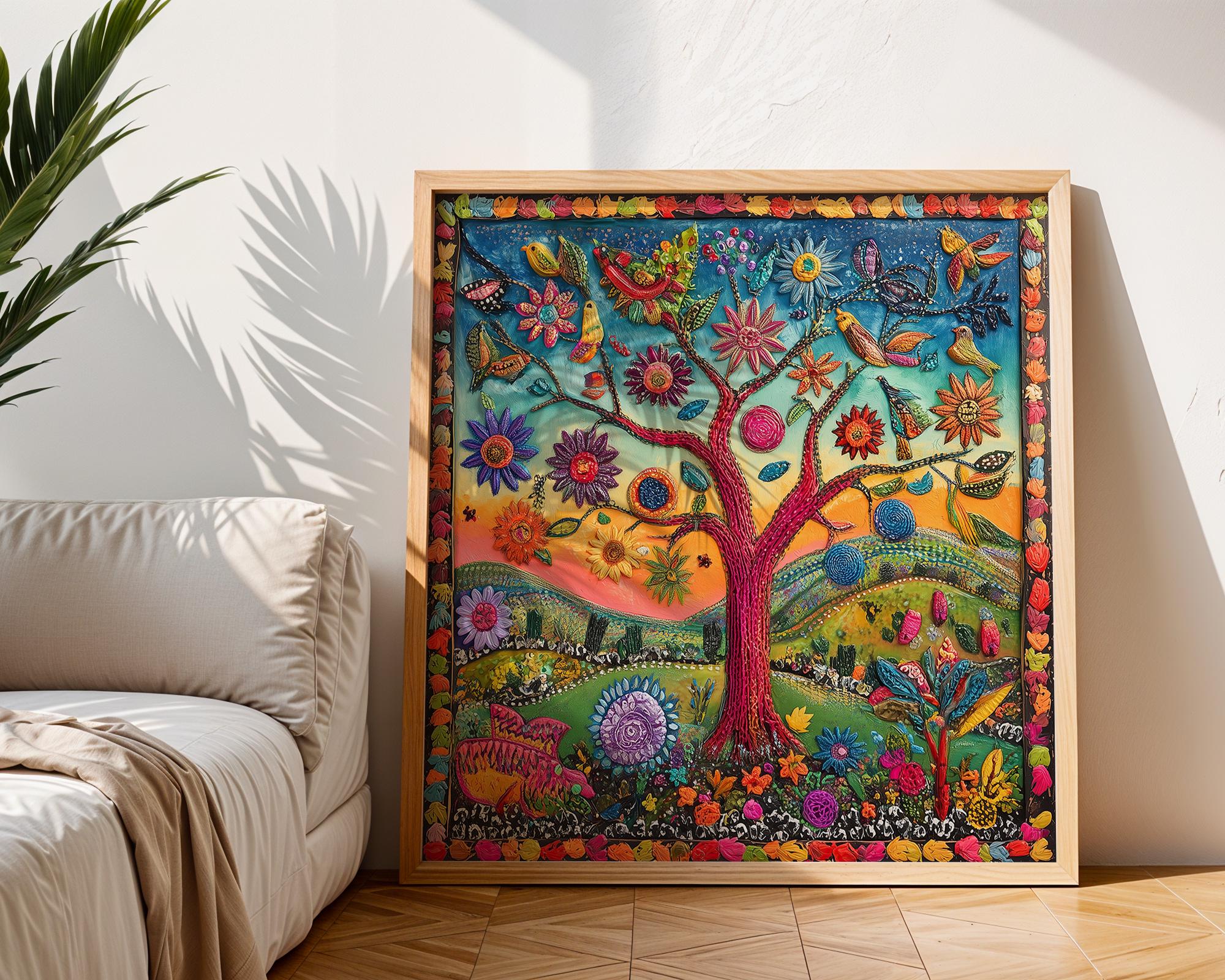Mexican Folk Art Wall Art | Colorful Boho Botanical & Bird Painting ...