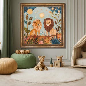 Whimsical Lion Wall Art Print – Boho Safari Nursery Decor, Jungle Animal Artwork for Kids’ Room, Colorful Nature-Inspired Illustration