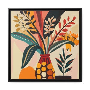 Jarrón botánico abstracto con estampado floral de mediados de siglo, decoración de pared con hojas retro