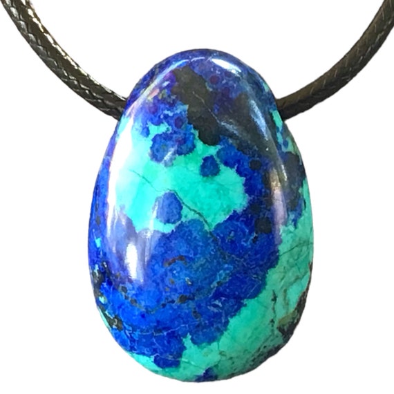 Exklusiver, echter Azurit-Malachit-Chrysokoll Anhänger in Tropfenform mit Kordelkette, Verschluss in 925 Silber