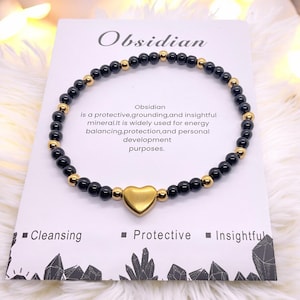 Obsidian Perlenarmband 4mm mit Messingherz und Messingperlen - Hochwertiges Edelsteinarmband handgefertigt mit Edelsteinkarte