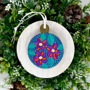 One of a Kind Christmas Ornament, Blue Floral Round Hand Painted Wood Ornament with Gift Box and Gift Tag