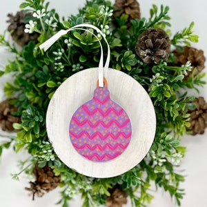 One of a Kind Christmas Ornament, Purple, Pink & Orange Round Hand Painted Wood Ornament with Gift Box and Gift Tag