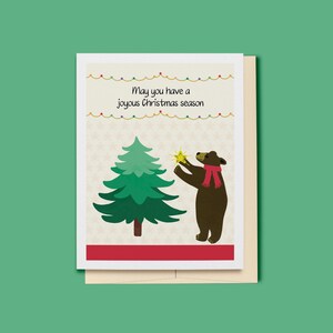 Christmas Card, Bear Decorating Christmas Tree, Holiday Greeting Card, Festive Card