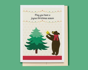 Christmas Card, Bear Decorating Christmas Tree, Holiday Greeting Card, Festive Card