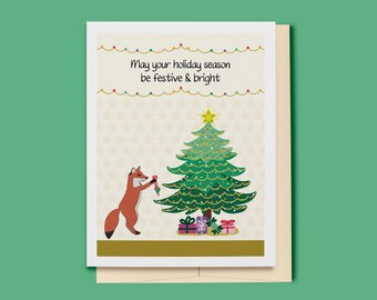 Christmas Card, Fox Decorating Christmas Tree Holiday Card, Festive Card, Holiday Greeting Card, Woodland Animal