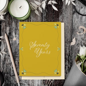 70th Birthday Card, 70 Years Card, Milestone Birthday Card, Mustard Yellow, Ecofriendly Greeting Card, Recycled Card and Envelope
