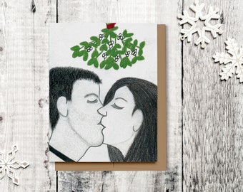Holiday Cards, Hand Drawn Cards, Xmas Cards, Festive Cards, Kissing Under the Mistletoe, Ecofriendly Cards, Recycled Cards