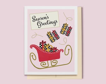 Christmas Card, Seasons Greetings Red Sleigh with Checkerboard Gifts Holiday Card, Pink Holiday Card, Festive Card