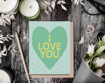 I Love You Card, Green Heart Card, XOXO, Valentine's Day, Anniversary, Ecofriendly Greeting Card, Recycled Card and Envelope