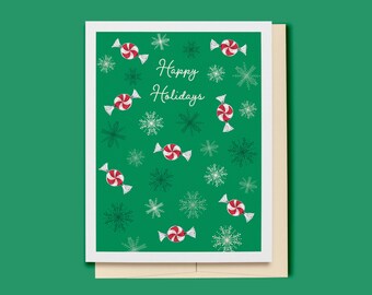 Christmas Card, Peppermints and Snowflakes Holiday Card, Green and Red Festive Card