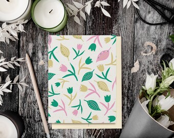 Blank Note Card with Envelope, Pretty Note Card with Flowers, Green and Pink, Ecofriendly Greeting Card, Recycled Card and Envelope