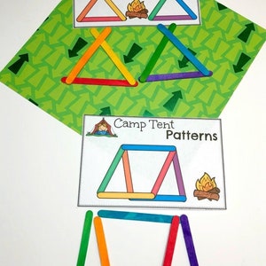 May include: A printable activity sheet with instructions to build a camp tent using craft sticks. The sheet shows a colorful tent made of craft sticks and a campfire. The text on the sheet reads "Camp Tent Patterns".