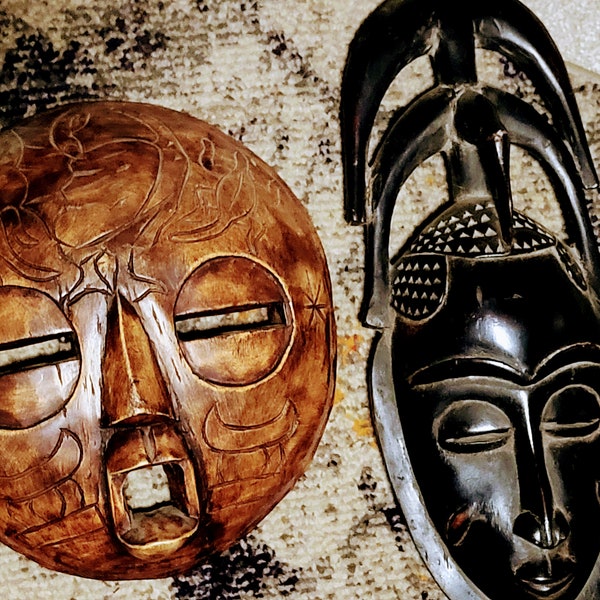 Ancient African Tribal Ritual Diety hand carved wooden masks Ivory Coast early 20th Century