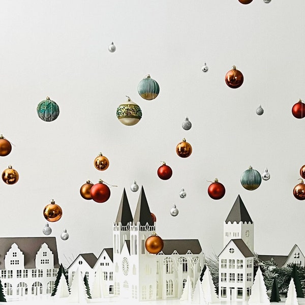 Weihnachtsdorf aus Papier, Moderne Weihnachtsdekoration, Weihnachtsbaumschmuck, (SET01 + SET02 + Die Kathedrale)