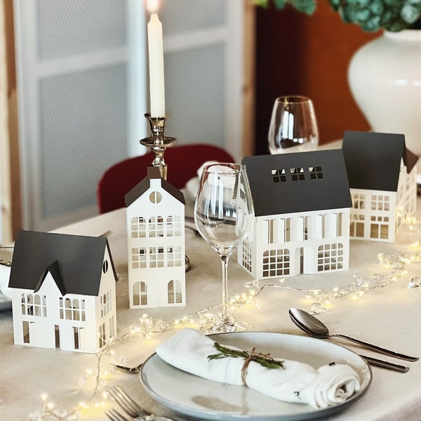 Christmas Village Decoration: Modern White Paper House Set with Grey Roofs