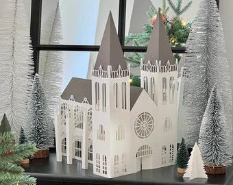 Paper Cathedral, Christmas Village Set, Paper Church Model, Paper Decorations, Gift for Architects