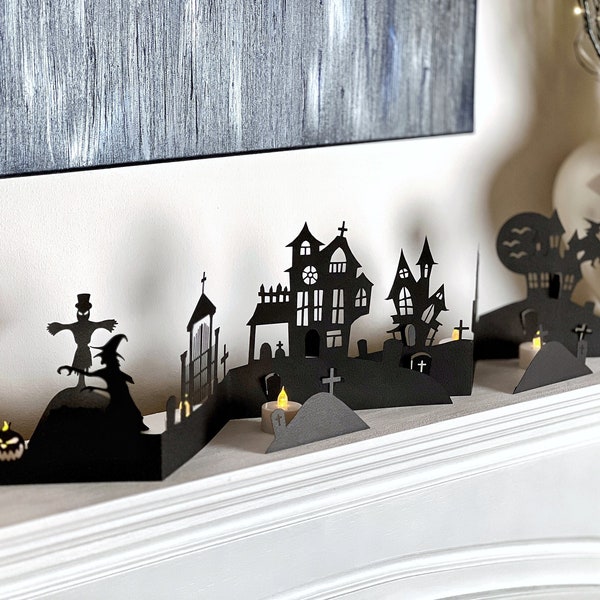 Halloween-Szene Dekoration, Halloween-Szenario Dekor, Friedhof und Spukhaus, Halloween-Hexen