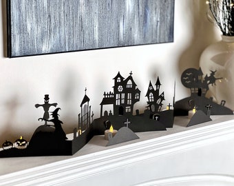 Halloween Scene Decoration, Halloween Scenario Decor, Cemetery and Haunted House, Halloween Witches