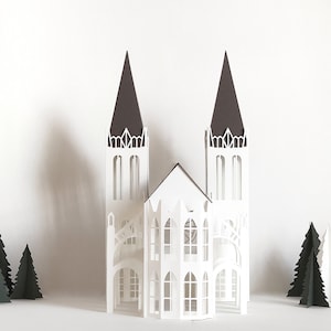 Kirche aus Papier, Weihnachtsdorf Set, Kirche aus Papier, Dekorationen aus Papier, Geschenk für Architekten Bild 6