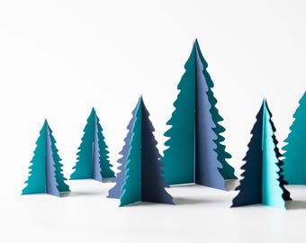 Blue Christmas Tree Decor, Tabletop Holiday Decoration, Set of Eight