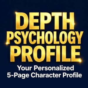 May include: A graphic design featuring the bold, metallic gold text DEPTH PSYCHOLOGY PROFILE set against a dark navy blue background. Below this, white text reads Your Personalized 5-Page Character Profile, clearly displayed in a clean font.