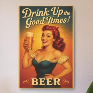 Rustic Beer Pin-Up Girl Metal Sign, Vintage Bar Wall Decor, Retro Brewery Plaque for Mancave, Tavern Hanging Art, Unique Pub Gift