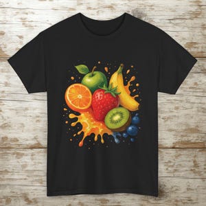 Tropical Fruit Splash T-Shirt - Colorful Summer Graphic Tee | Banana, Kiwi, Orange, Apple, Strawberry & Blueberry Design | Fun Foodie Gift