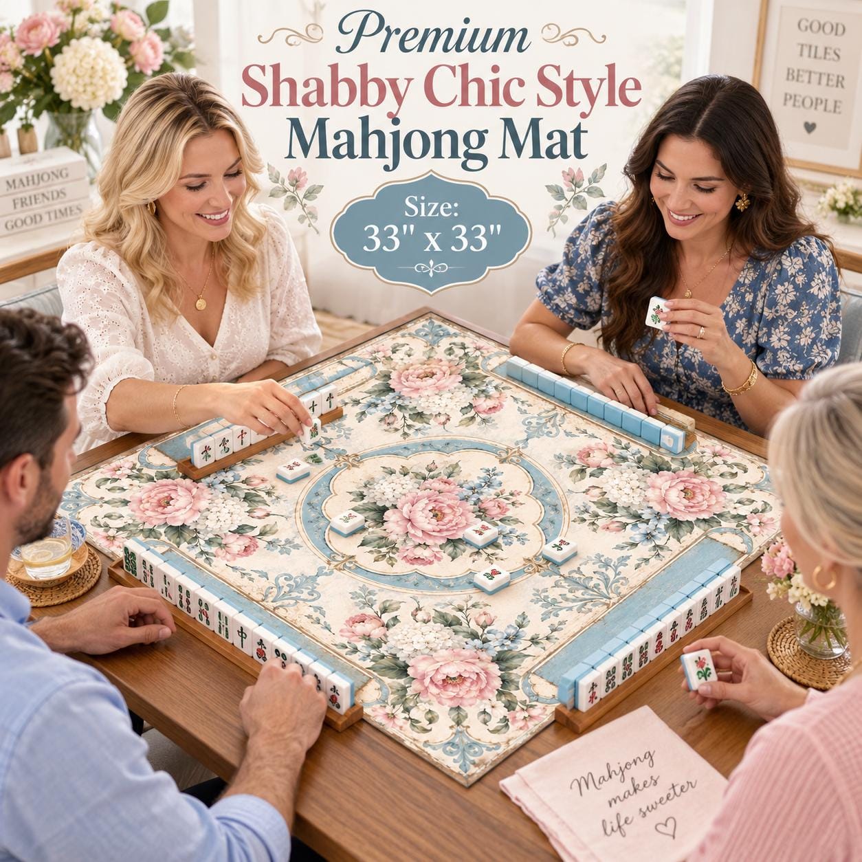 Premium Vintage Shabby Chic Style Mahjong Mat - Non Slip American Mahjong Table Play Mat - Smooth Surface Game Mat