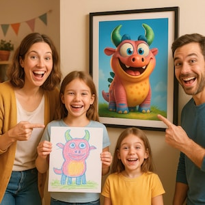 Arte de cómic 3D personalizado a partir de dibujos infantiles: transforma tus obras de arte con crayones en personajes mágicos. Regalo digital para la familia.