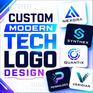 Puede incluir: Una pantalla gráfica con el texto CUSTOM MODERN TECH LOGO DESIGN en azul y negro. Cinco iconos cuadrados están dispuestos a la derecha, mostrando logotipos para NEXORA, SYNTHEX, QUANTIX, PRISMALOGIC y VERIDIAN con degradados azules y morados.