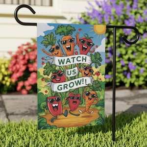 Happy Vegetables Outdoor Flag - Whimsical &quot;Watch Us Grow&quot; Garden Sign - Double Sided Print, Weather-Resistant Backyard Garden Art Decor