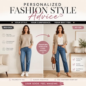 Puede incluir: Un gráfico dividido con el título PERSONALIZED FASHION STYLE ADVICE. A la izquierda, una persona viste un suéter beige, jeans azules y zapatillas blancas. A la derecha, la misma persona viste un blazer beige, top blanco, jeans azules y tacones.